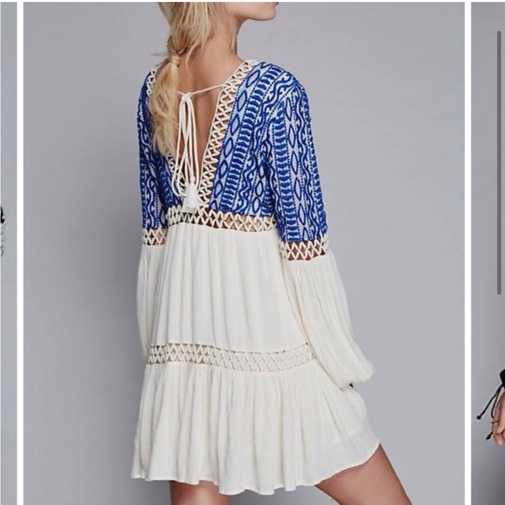 Free People 6 DuskTil Dawn Mini Dress V Neck Boho Open Crochet Embroidered - Picture 2 of 9